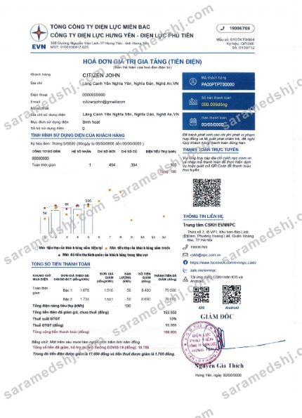 Vietnam EVN NPC TỔNG CÔNG TY ĐIỆN LỰC MIỀN BẮC - CÔNG TY ĐIỆN LỰC HƯNG YÊN - ĐIỆN LỰC PHÙ TIÊN electricity utility bill